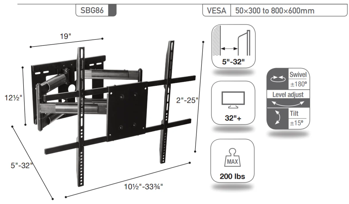 Sonora SBG86 - Support articulé à bras double pour téléviseurs de 32 pouces et plus, 200lb max. - Image 3