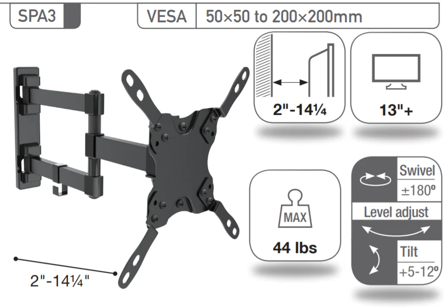 Sonora SPA3 - Support mural avec triple articulation pour téléviseur 13" et plus, 44lb max. - Image 3